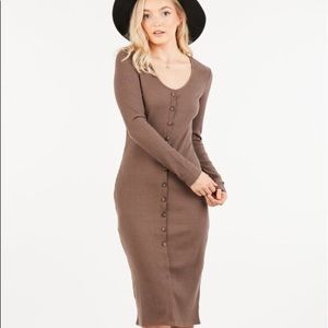 Thin Knit Button Down Midi Dress Mocha Long Sleeve